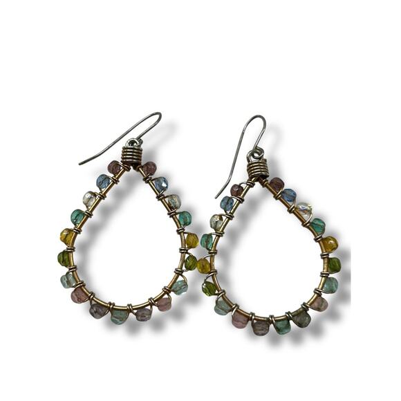 Wrapped Wire and Pastel Beaded Fishhook Earrings 2 Inch Drop - Picture 1 of 6